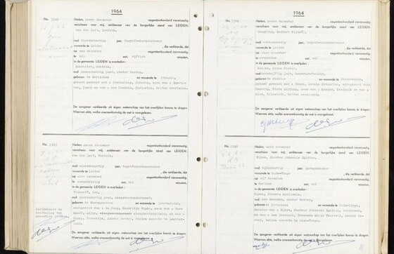 Getypte overlijdensakten uit Leiden, twee bladzijden in een register